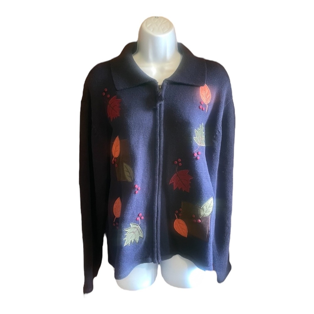 Crystal Kole Women's Navy Blue Fall Leaf Applique Zip Up Collared Sweater Size M